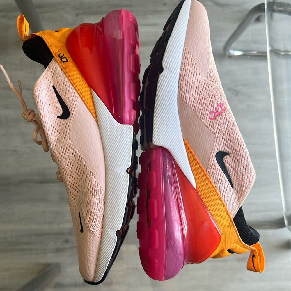 Only worn once, brand new baby pink, hot pink, orange Nike 270s in size 8.5.